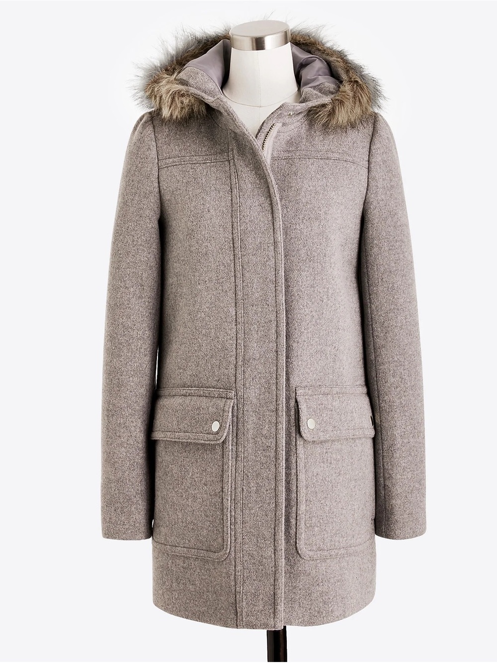 J Crew Wool-Blend Hooded Coat with Faux-Fur Trim — Gray
